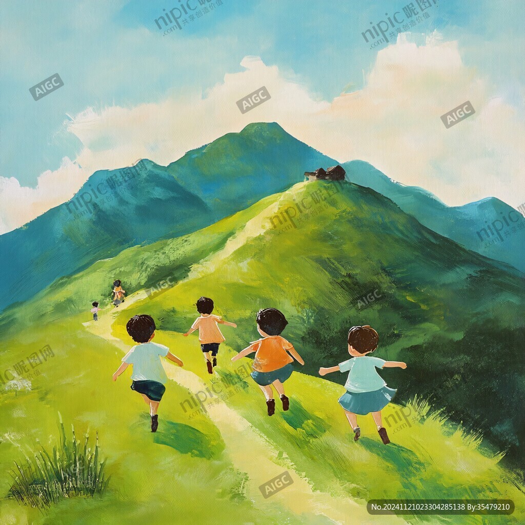 草地奔跑的少年插画
