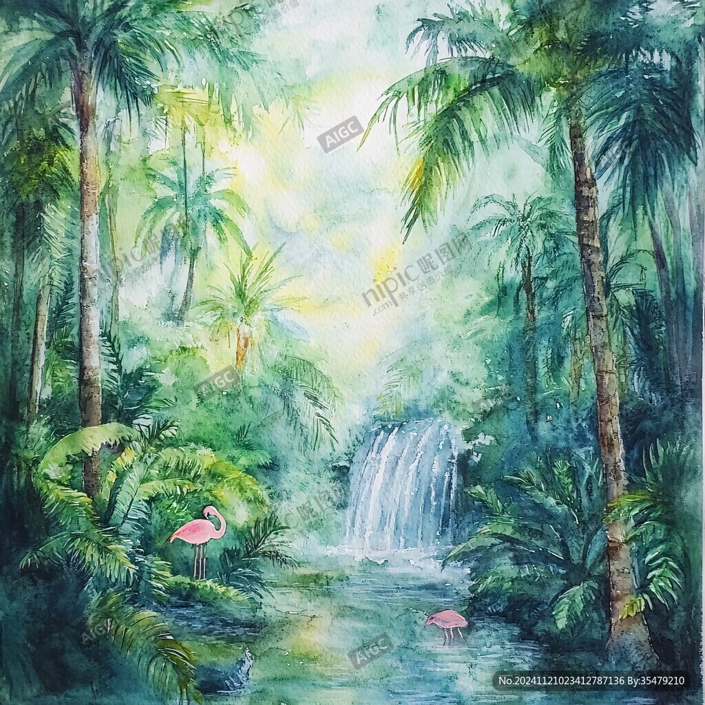 热带风景水彩画