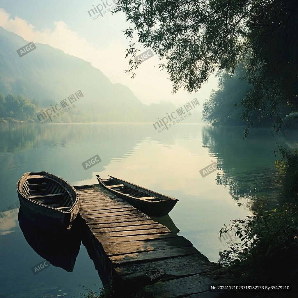 自然风景湖边木船