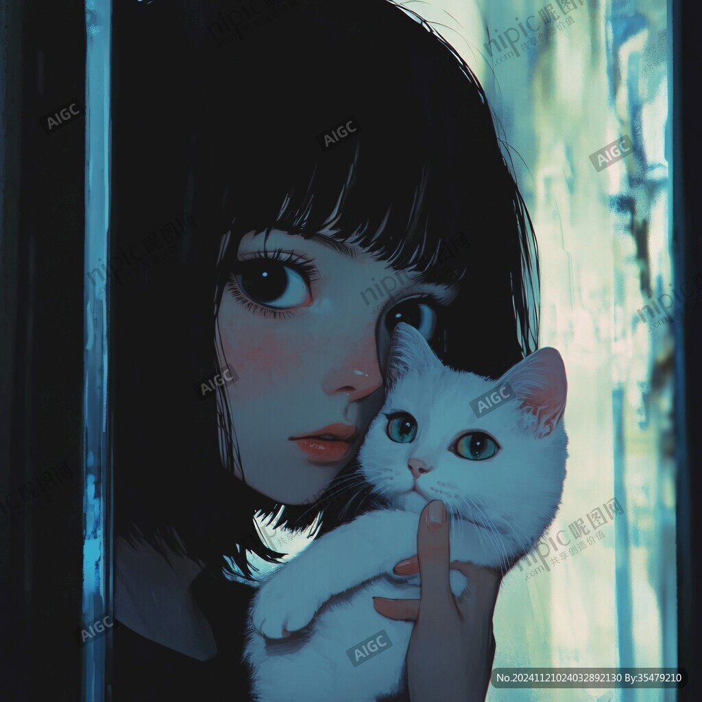 撸猫少女插画