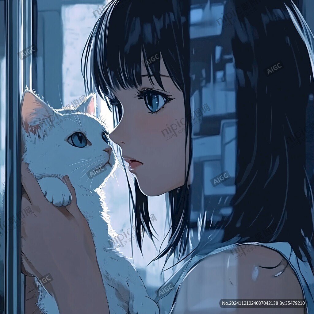 撸猫少女插画