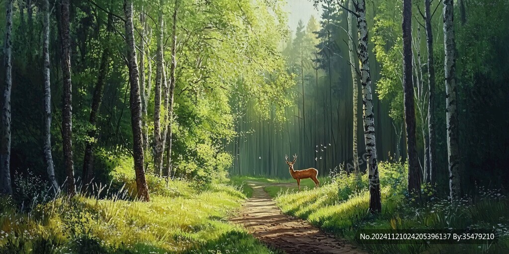 北欧森林麋鹿风景画