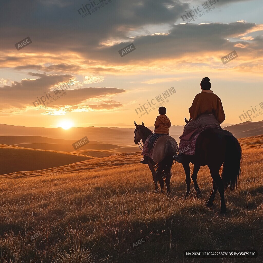 草原夕阳下骑马牧羊