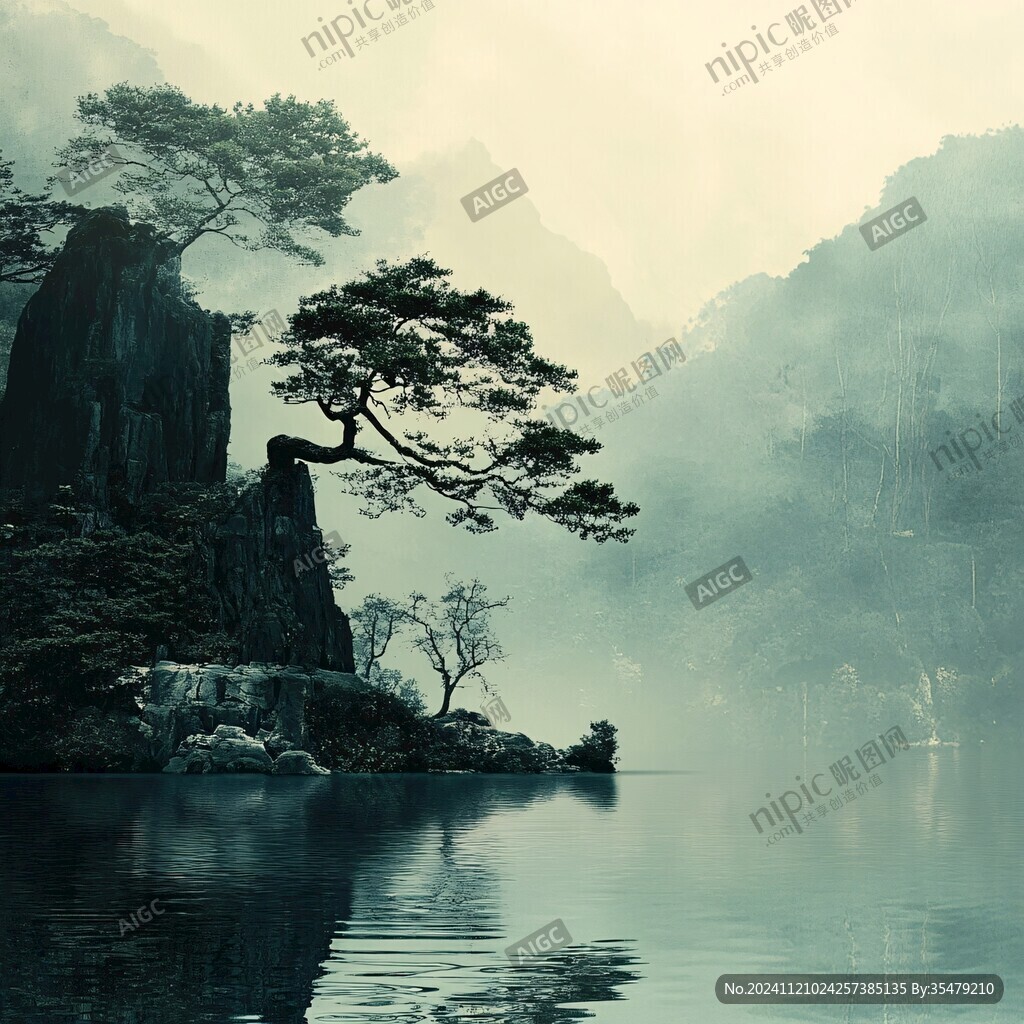 禅境山峰湖泊河流鹿树