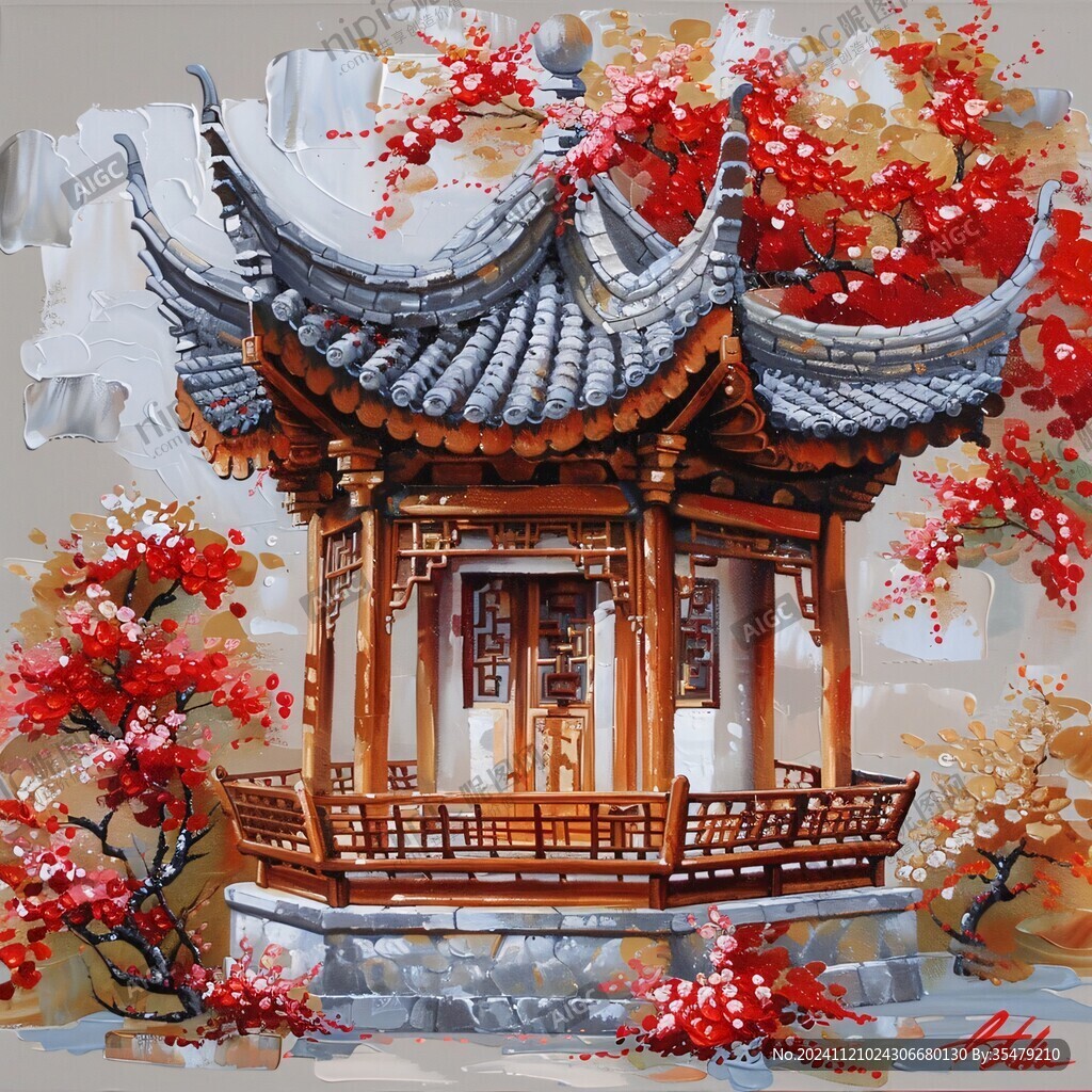 古风亭台楼阁油画