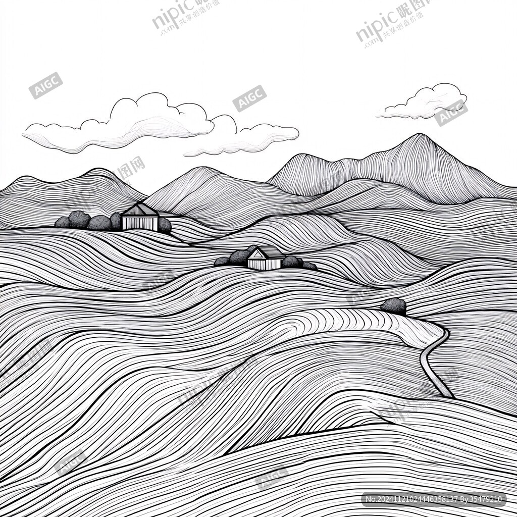 手绘线描山水插图