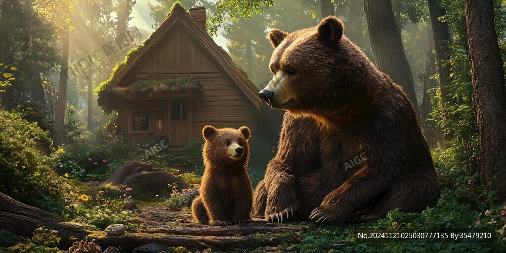 小熊室内野外场景插画