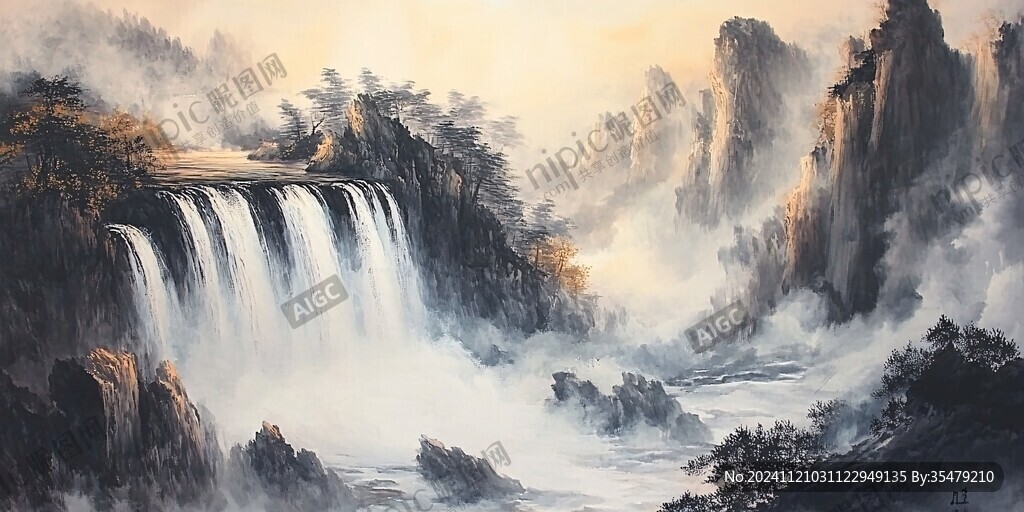 山水风景油画瀑布