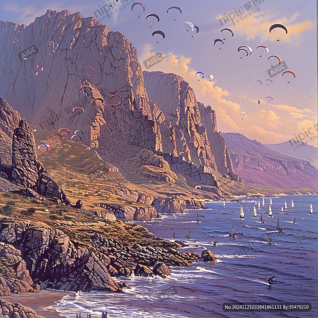 山峰渔船群山油画壁画