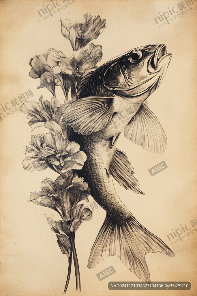 手绘工笔花鱼