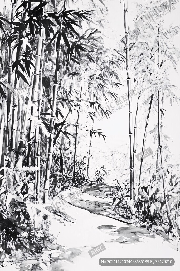 黑白竹林书房装饰画