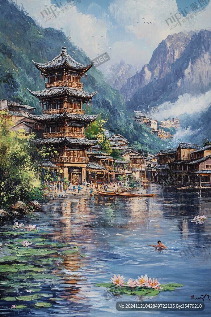 吊脚楼油画