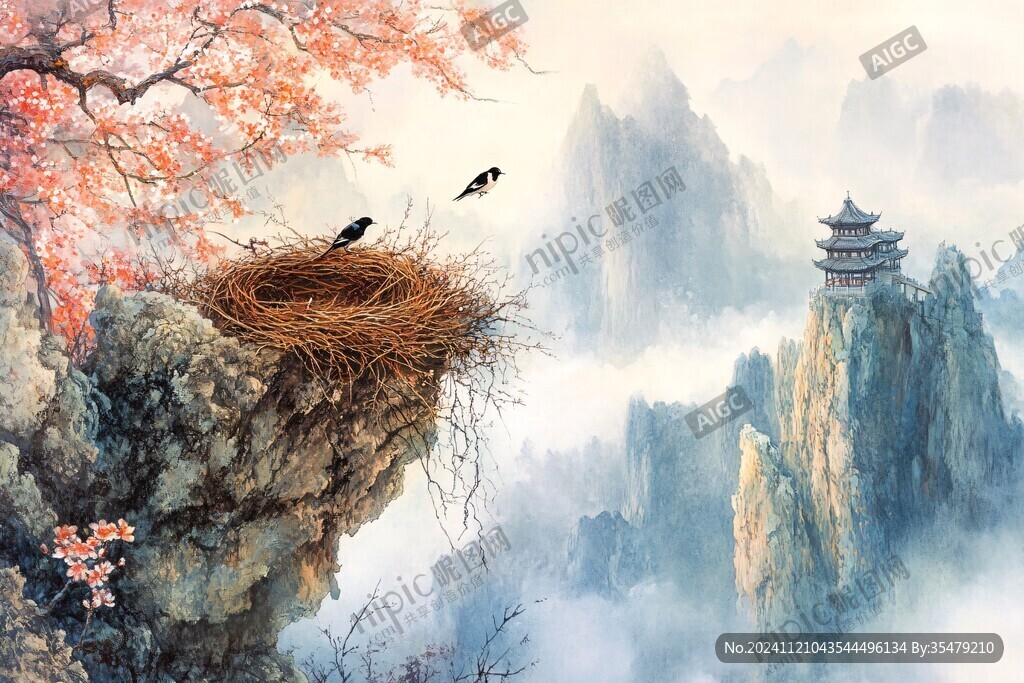 仙鹤楼阁古风山水画