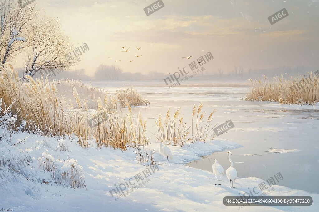 河面白雪夕阳