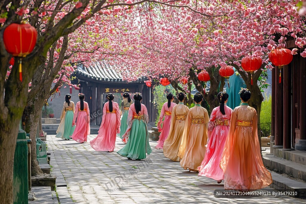 穿汉服赏花的人