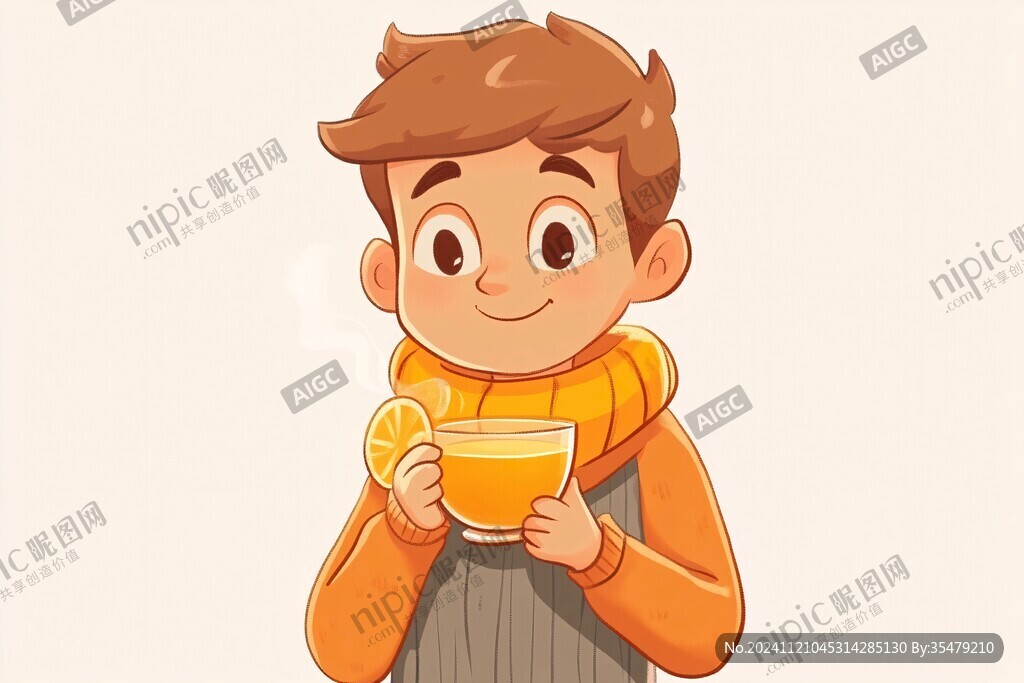 喝水的男孩原创插画
