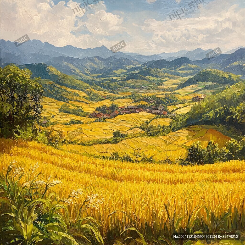 稻田油画背景素材