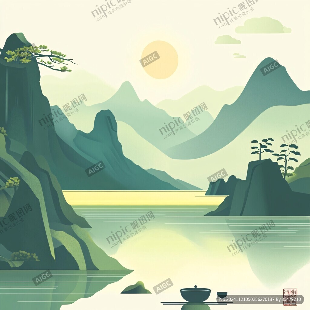 中式山湖插画