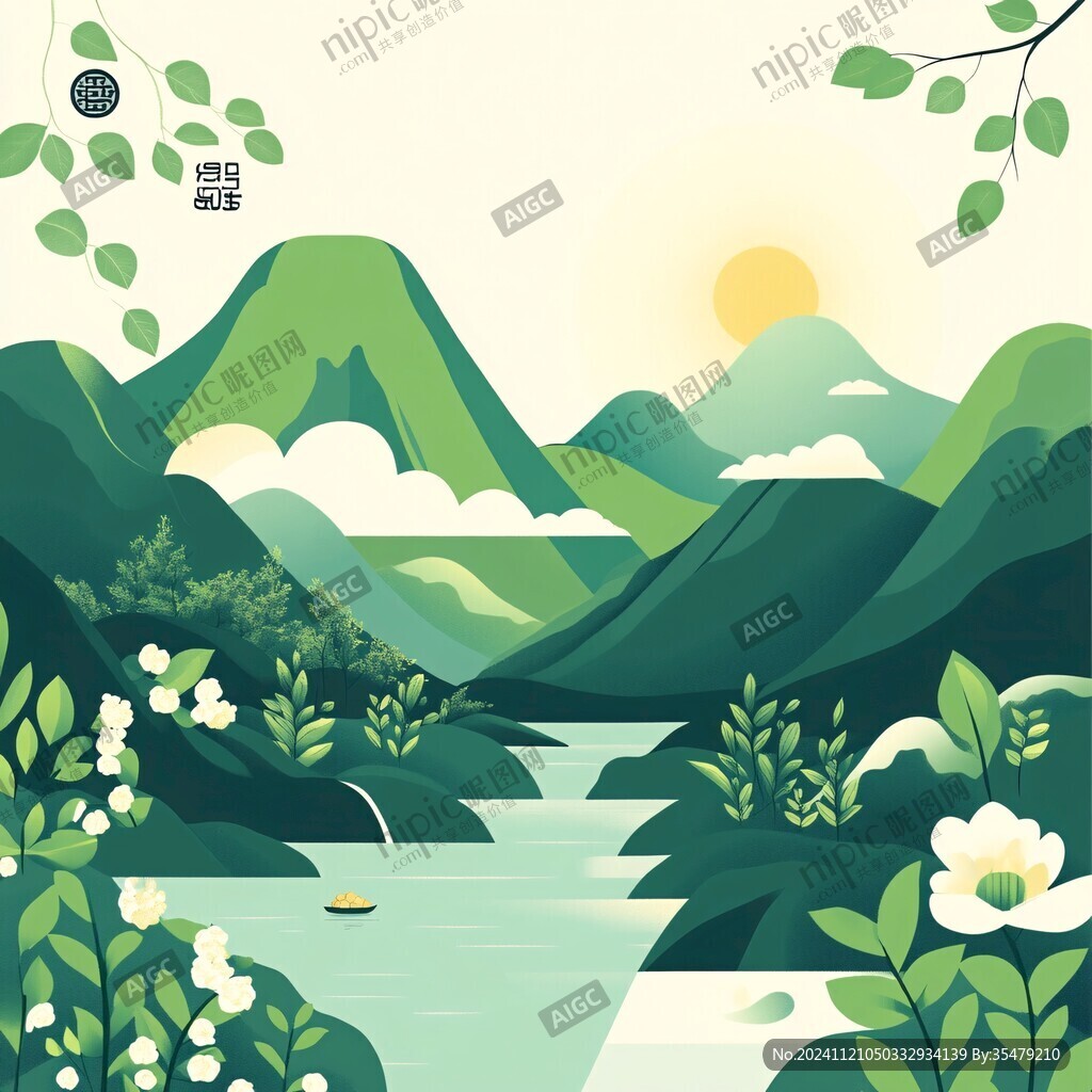 地产插画园林花园山峰