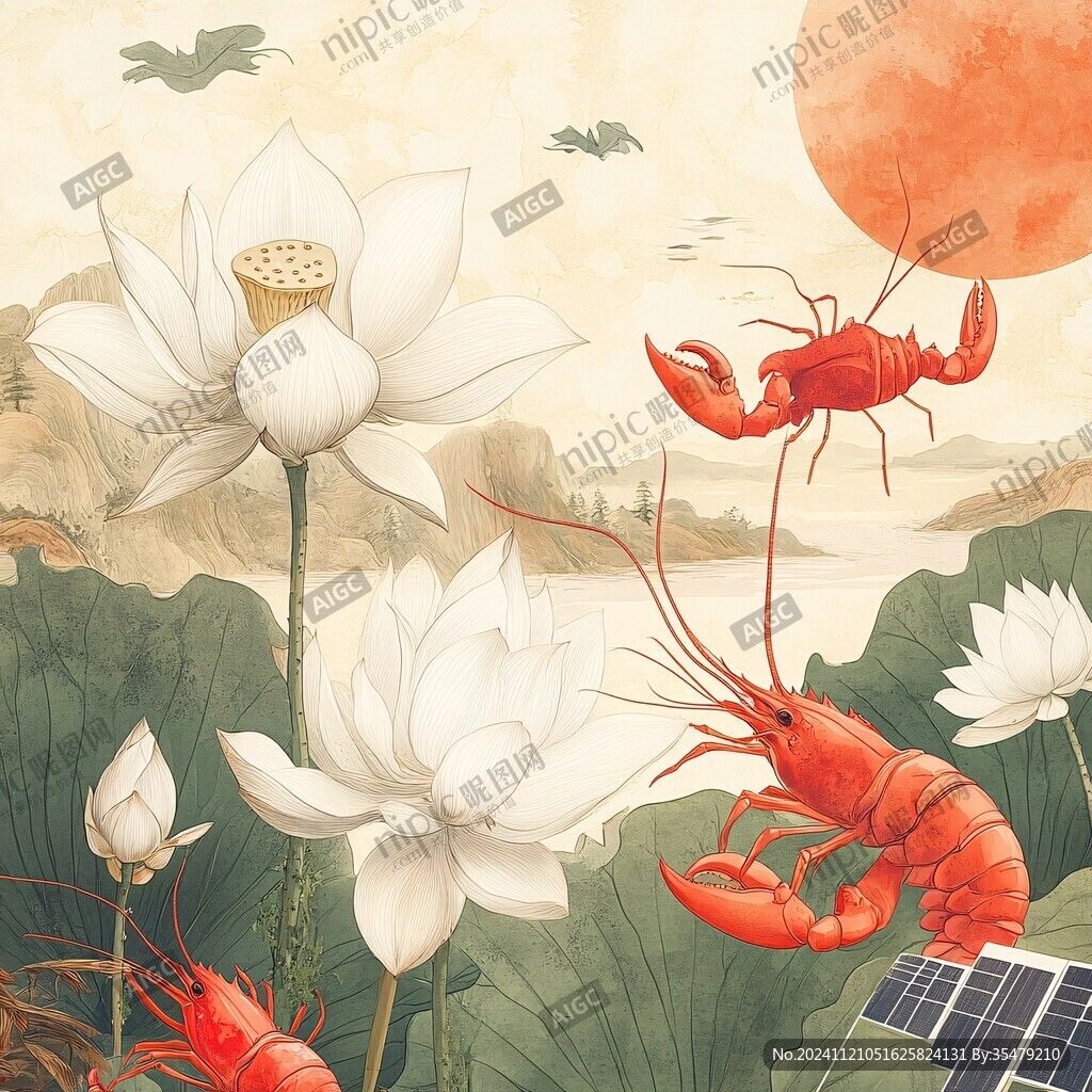 荷花螃蟹插画