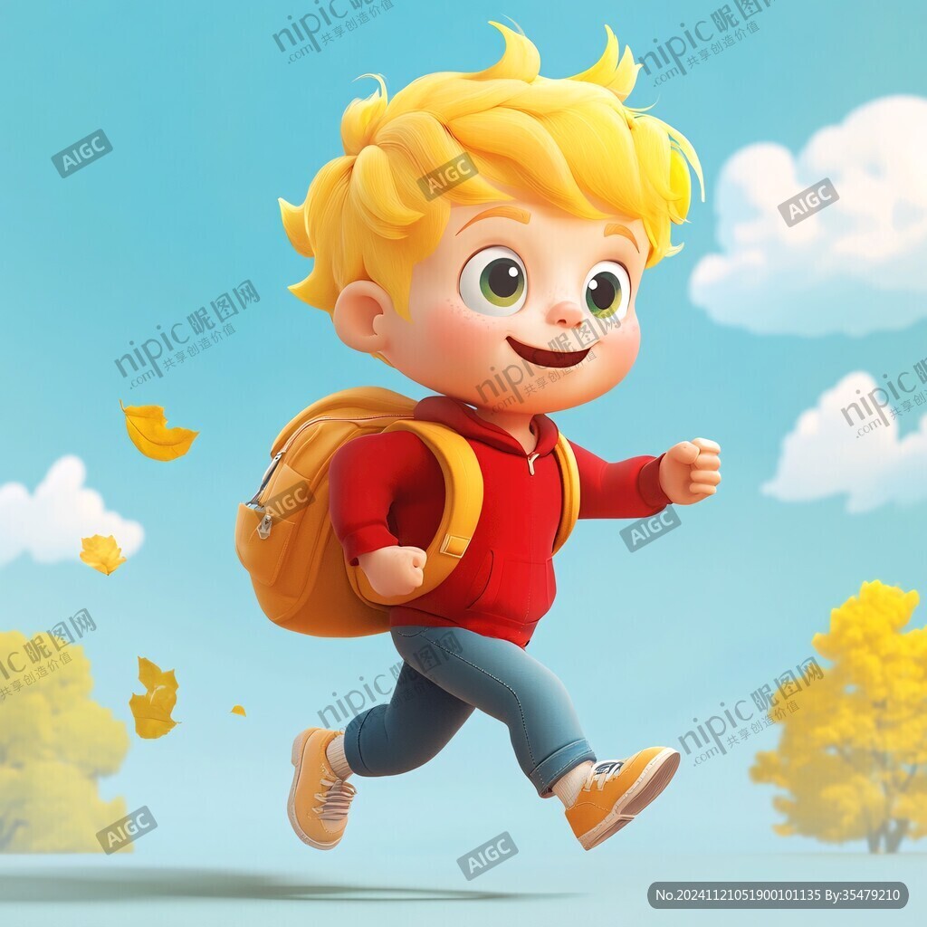 背着书包奔跑的小男孩