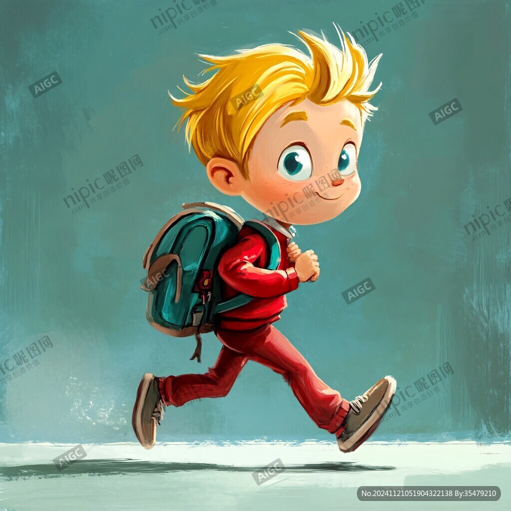 背着书包奔跑的小男孩