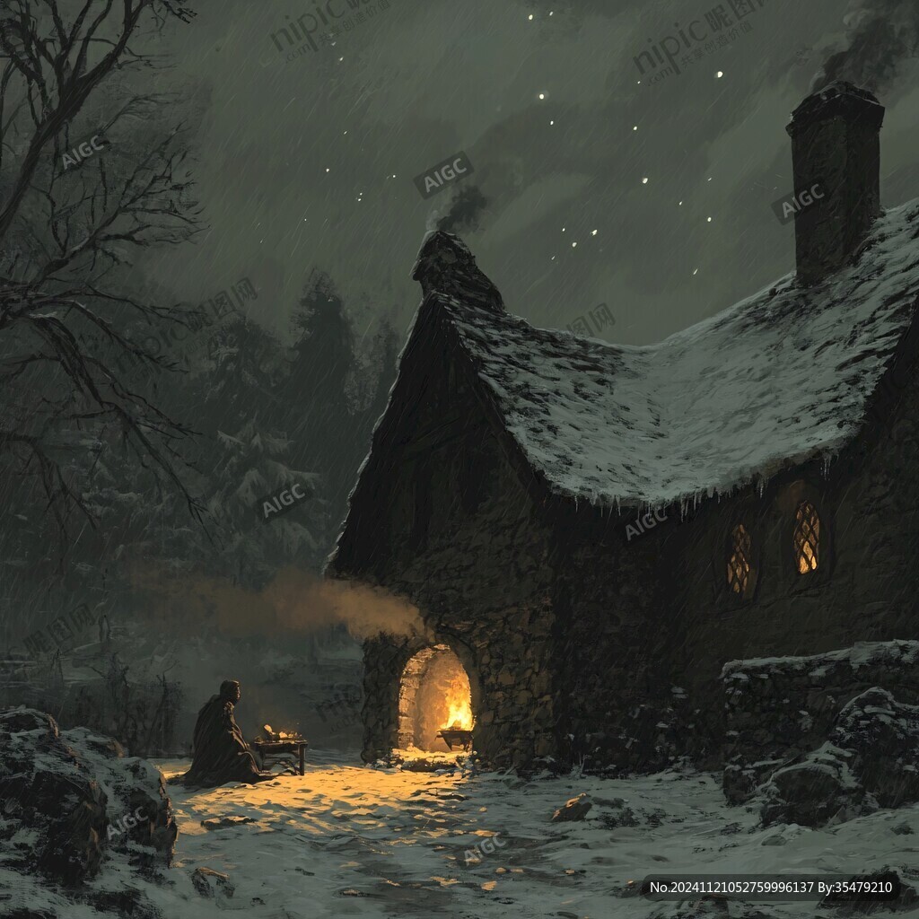 手绘雪夜风景无框画