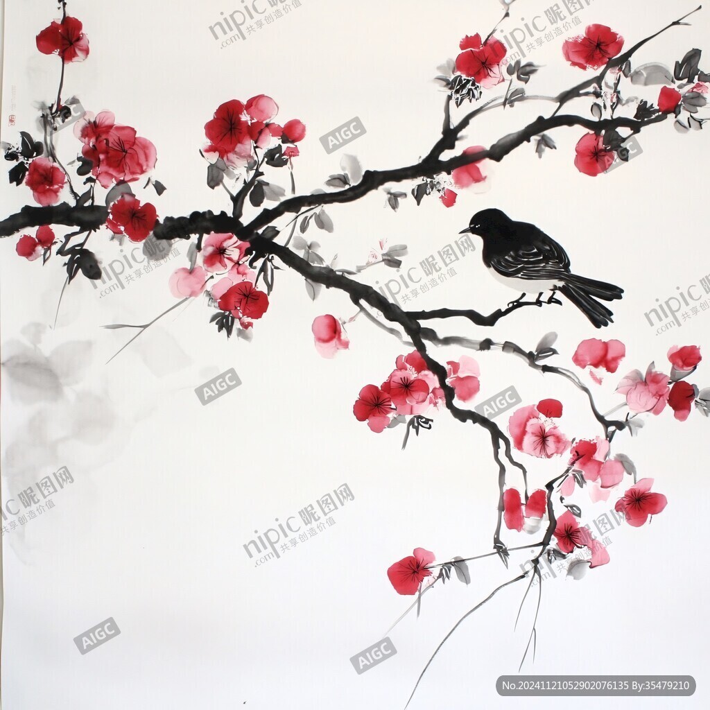 新中式手绘红色花鸟