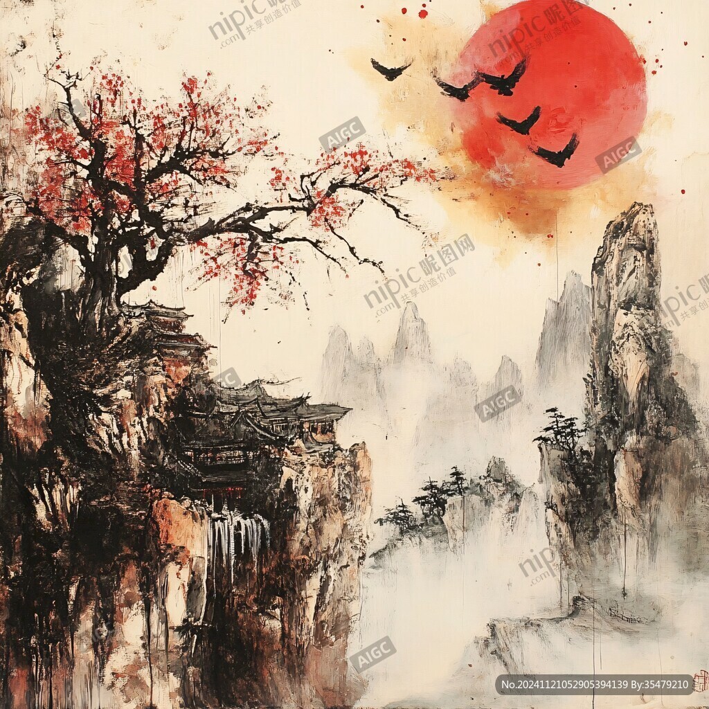 红日水墨山水