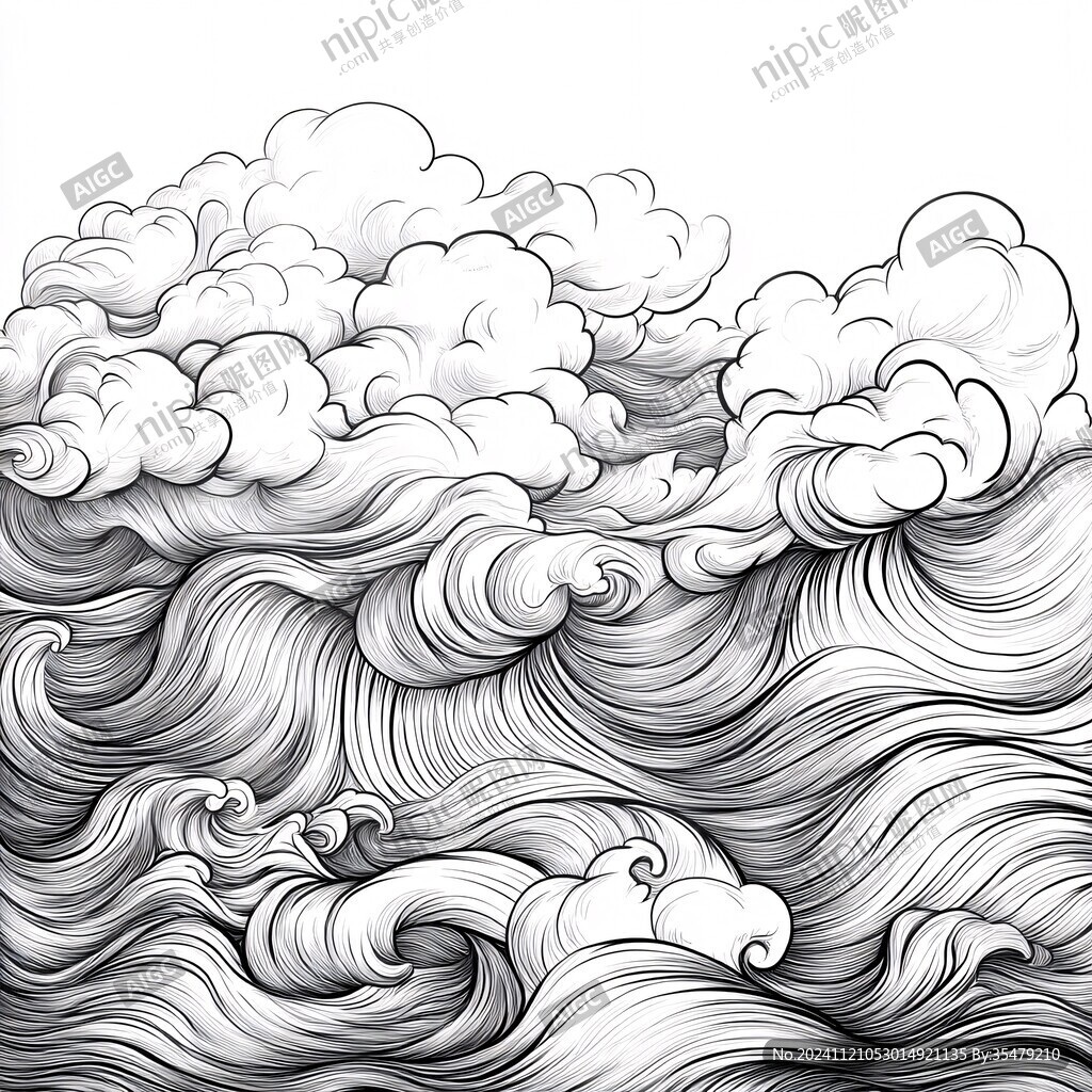 海浪纹线条白描