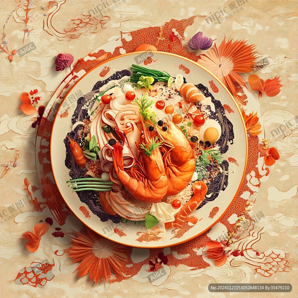 海鲜拌面美食插画