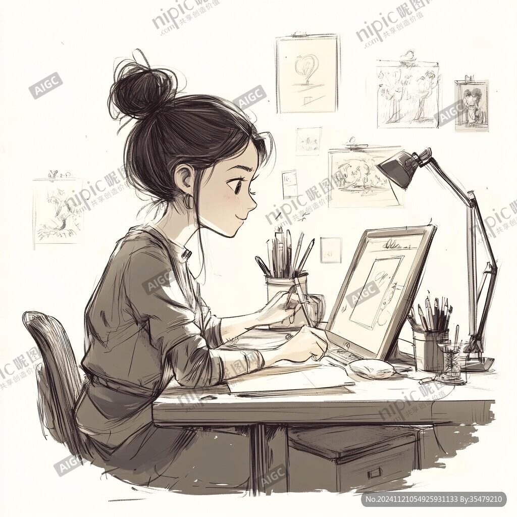 女生做设计插画