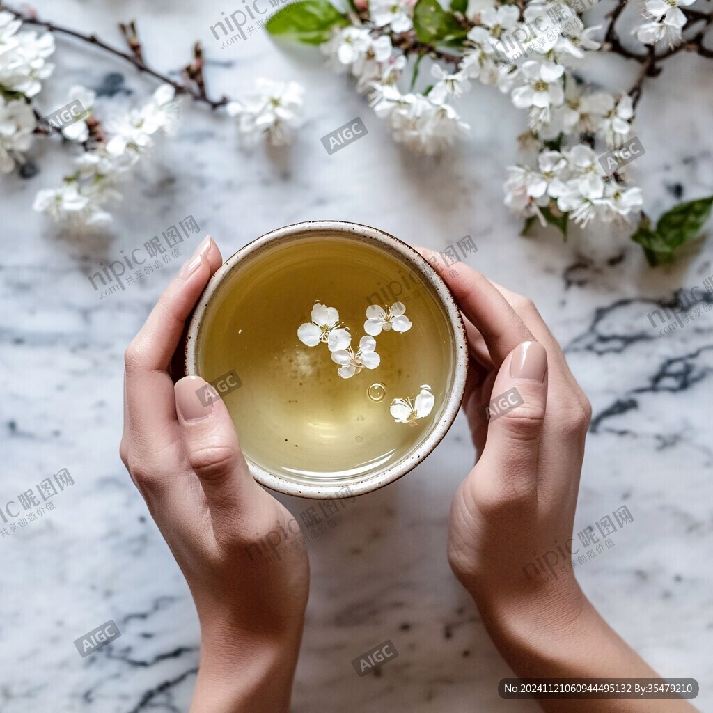 双手端着一杯花茶