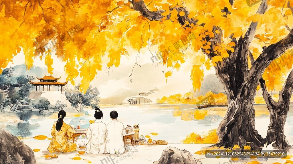 银杏古典山水背景壁画