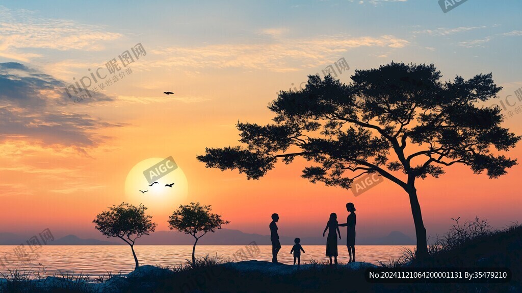 夕阳下一家人剪影