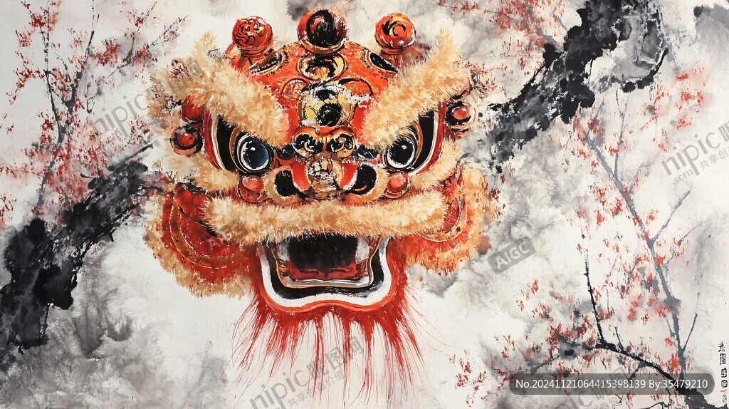 舞狮水彩画