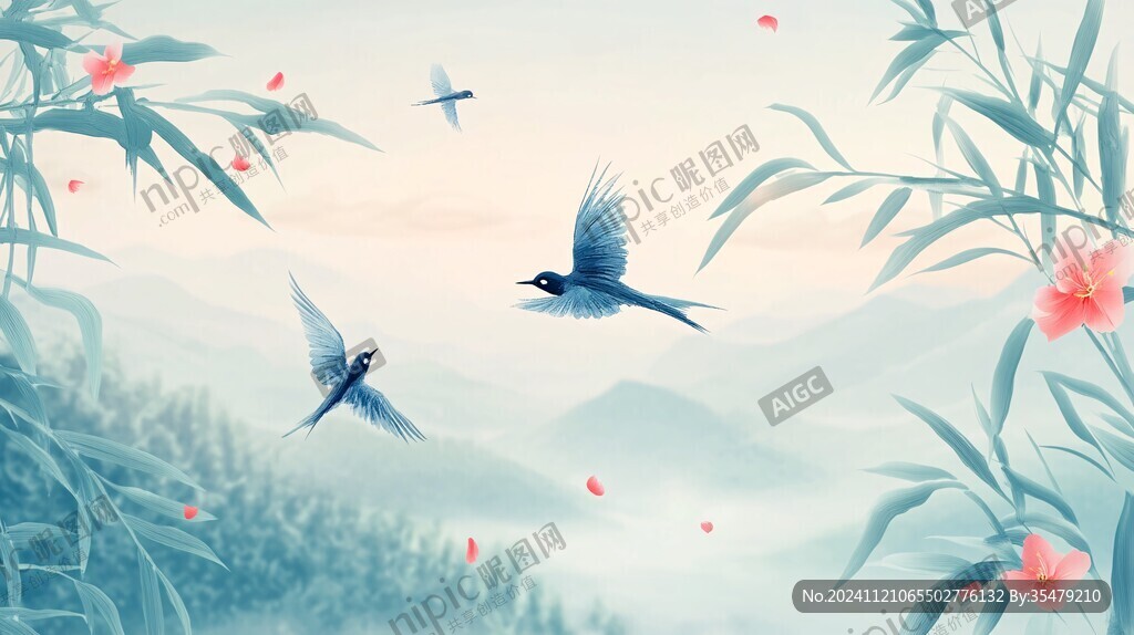 竹林飞鸟插画
