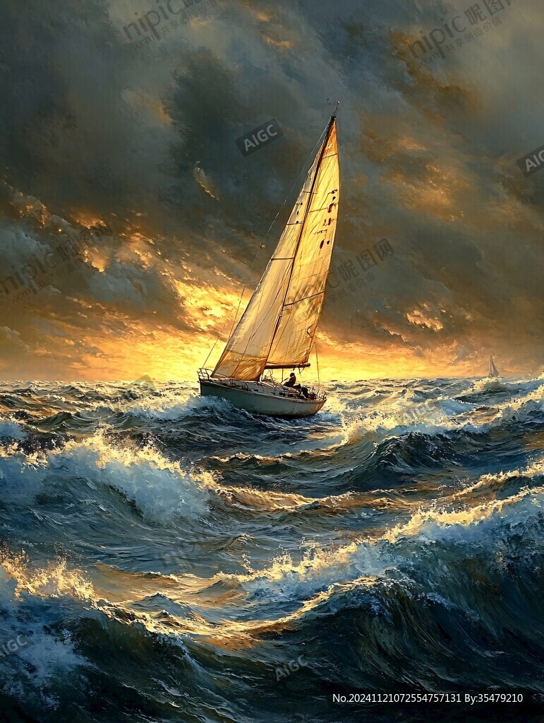 扬帆踏浪油画