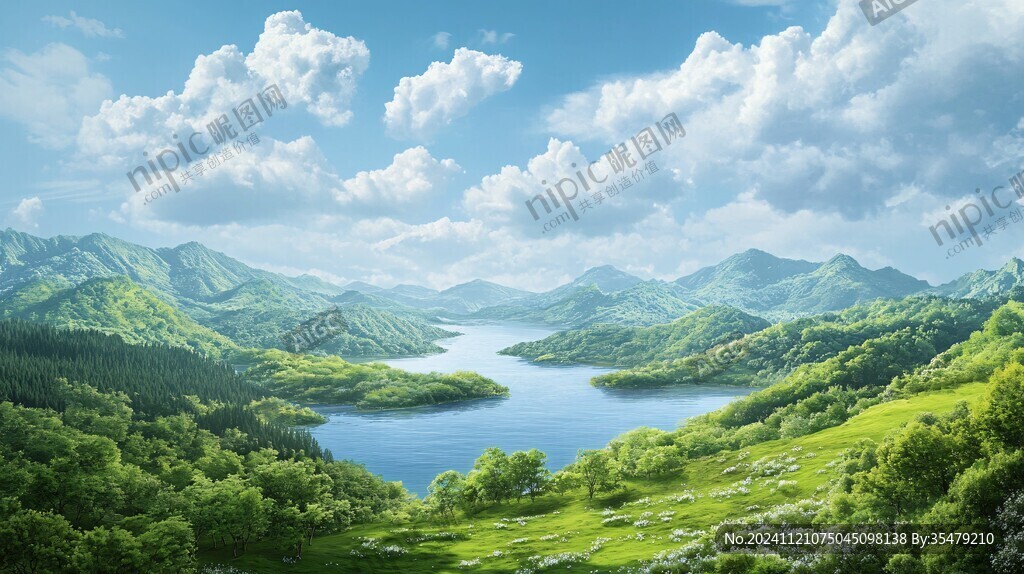 蓝天白云绿水山林背景