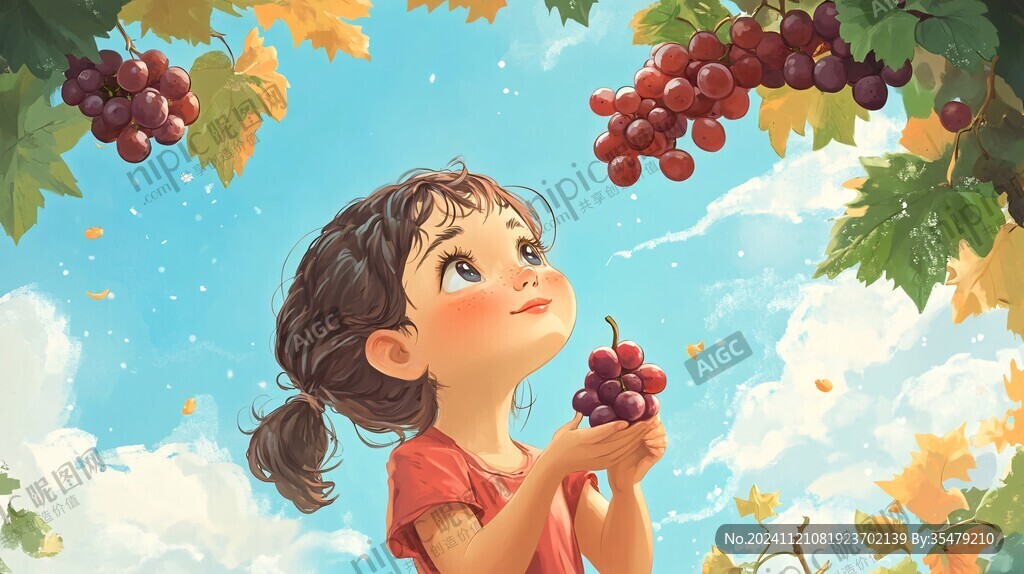 采摘樱桃的小女孩插画