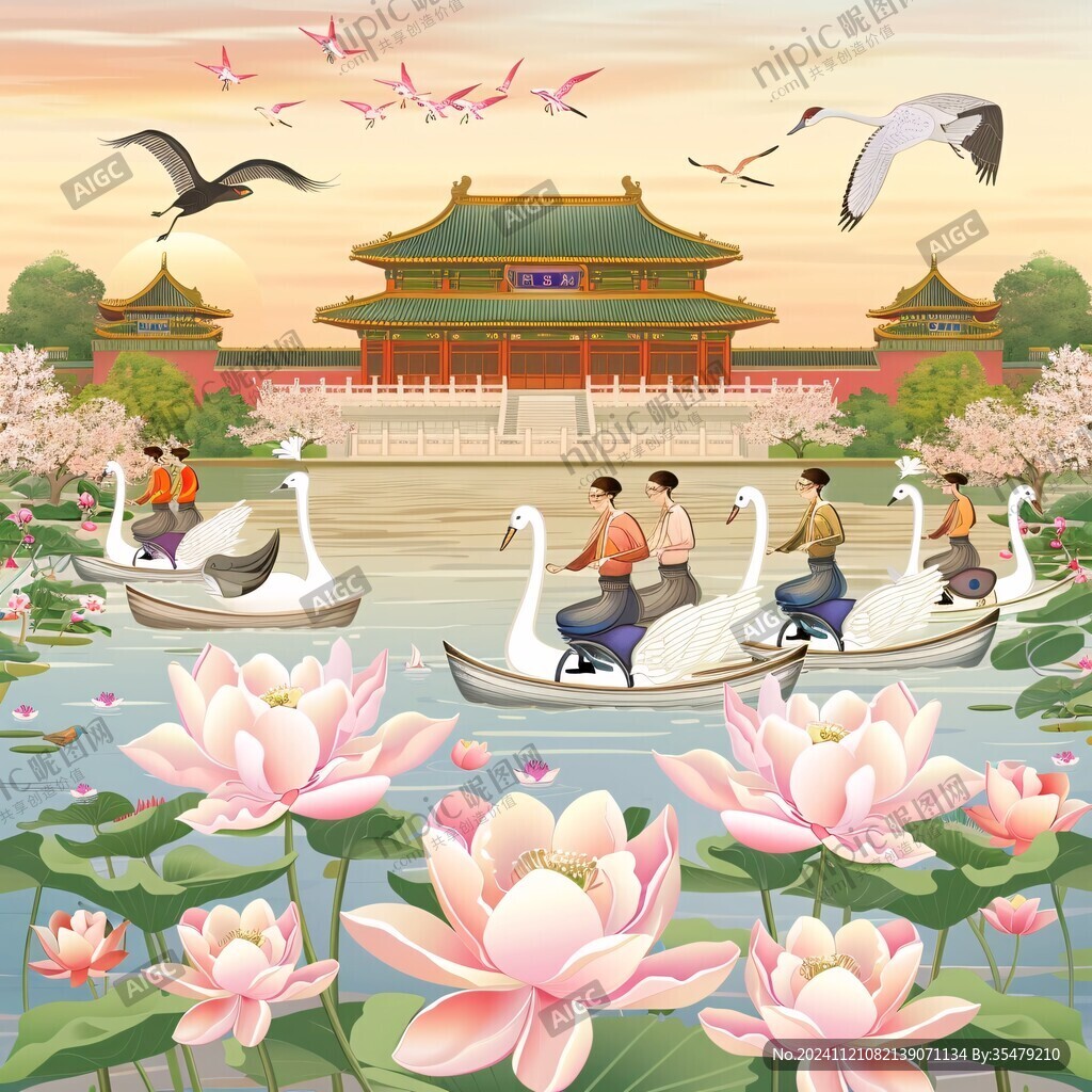国潮风皇宫荷花插画