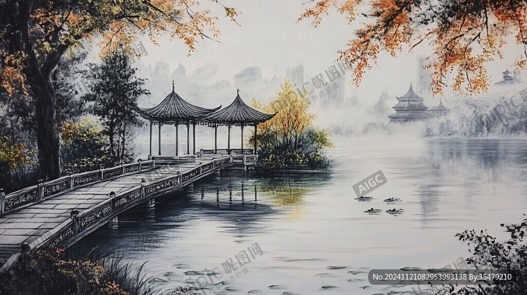 古风亭台楼阁油画