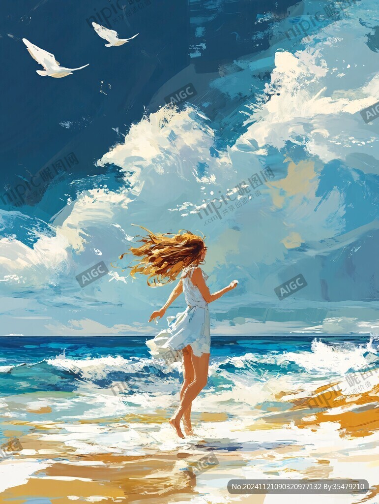 海边少女插画