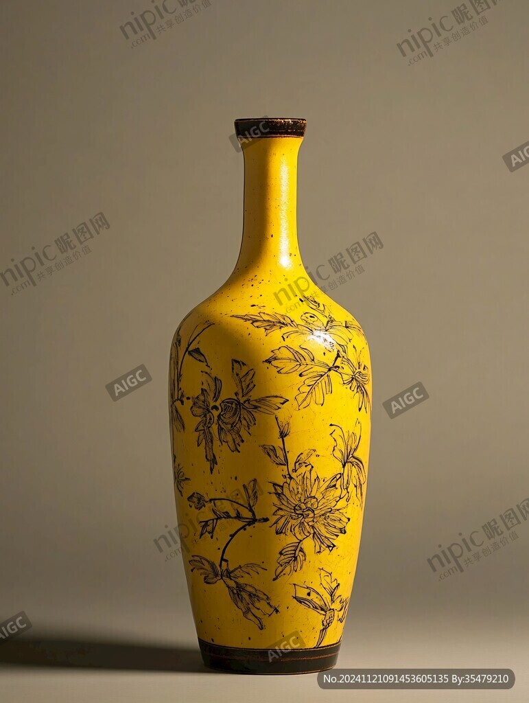黄釉刻绘梅花瓶