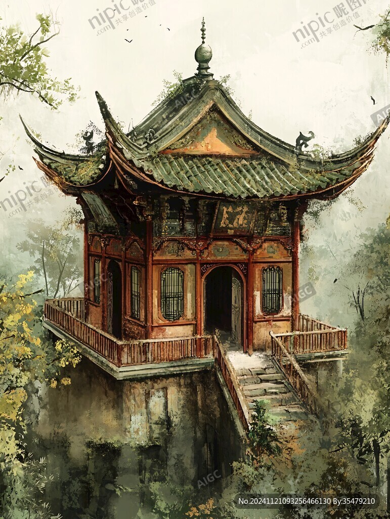 亭台楼阁古风插画