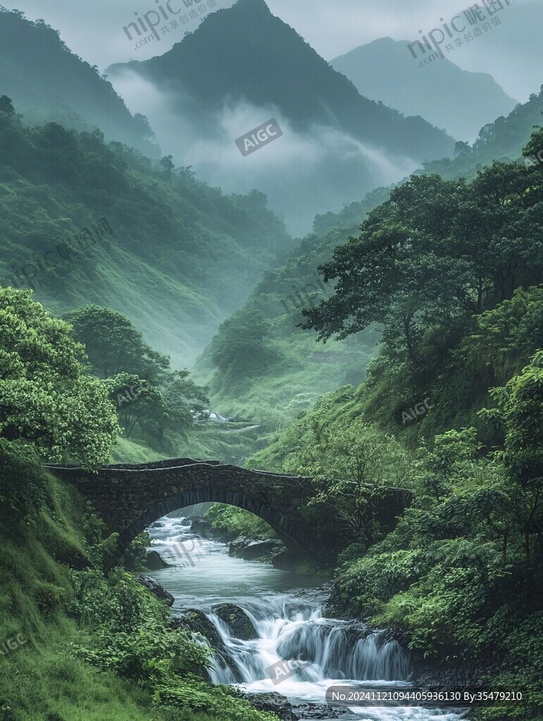 风景小桥瀑布绿树远山