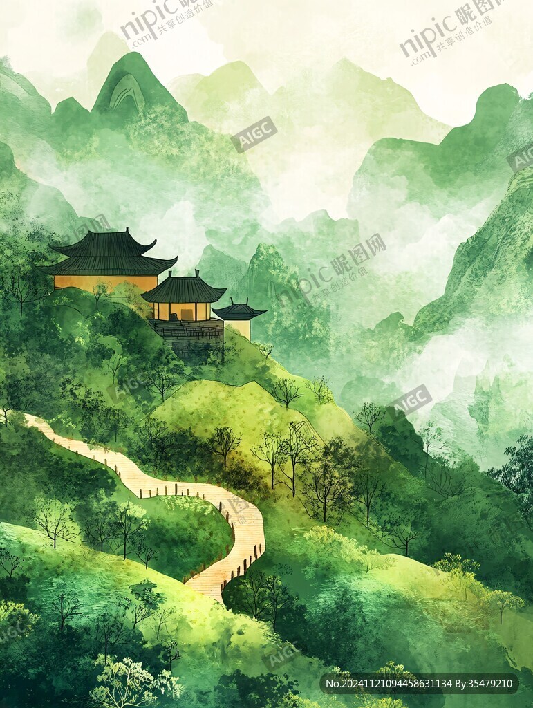 插画横店水彩水墨山水