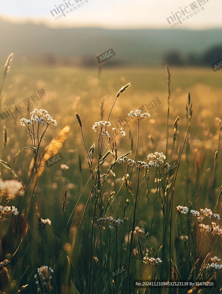 夕阳下的小白花