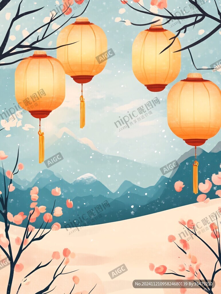 飘雪雪花雪景灯笼