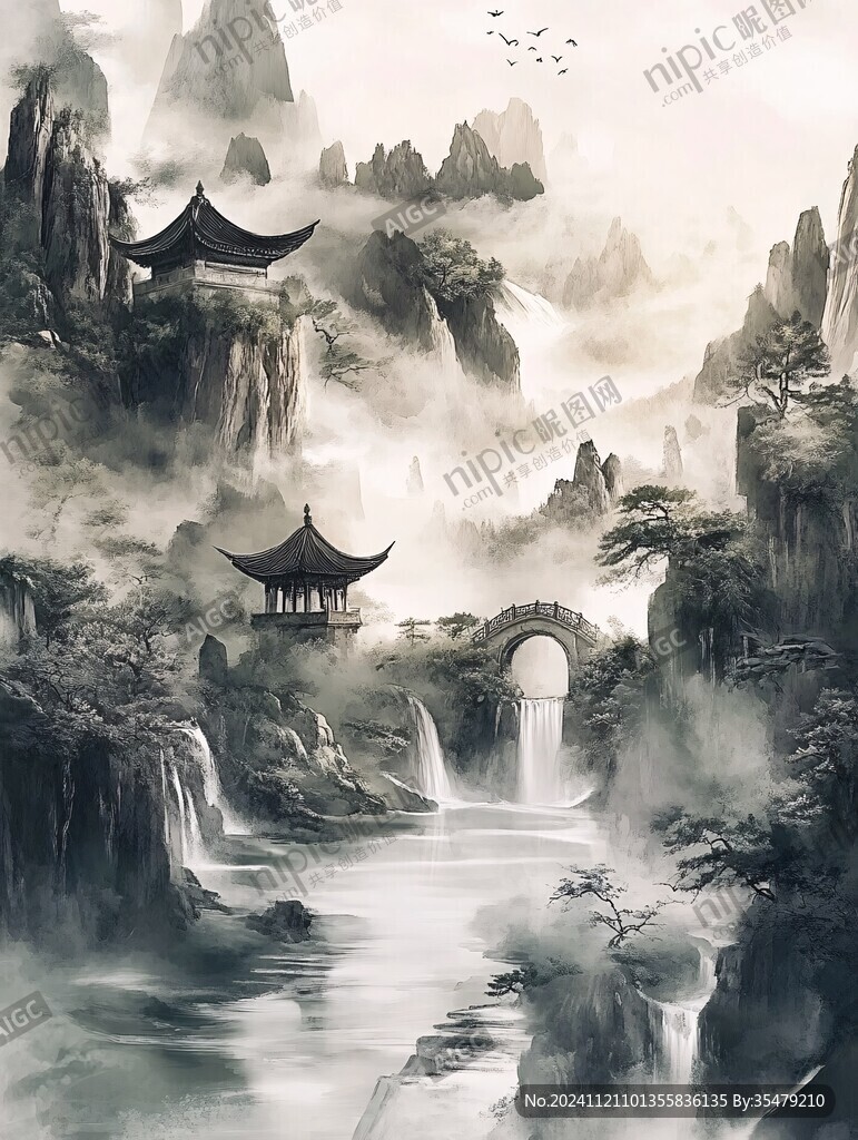 AI创作图山水楼阁雅致意境风 高清古风山水 楼阁山水意境画 古风插画山水风光 山水仙境插画 唯美古风山水插画 富贵典雅古风山水 山水画合成图 ...